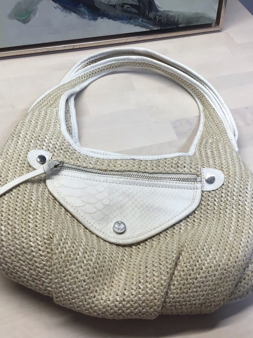 Vera Wang Natural Straw Shoulder Bag with White Leather Trim